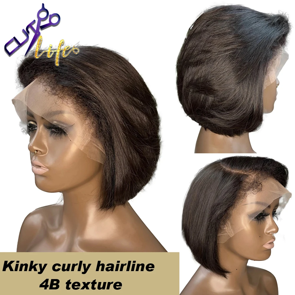 Short Straight Bob Wig With 4C Kinky Curly Edges 13x6 Lace Front Human Hair Wigs 4x4 Closure Wig Soft  Lace Frontal Wigs