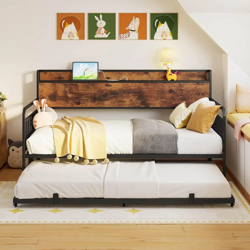 Twin Metal Daybed with Trundle, Storage Headboard, and Charging Station for Bedroom, Guest Room, Living Room