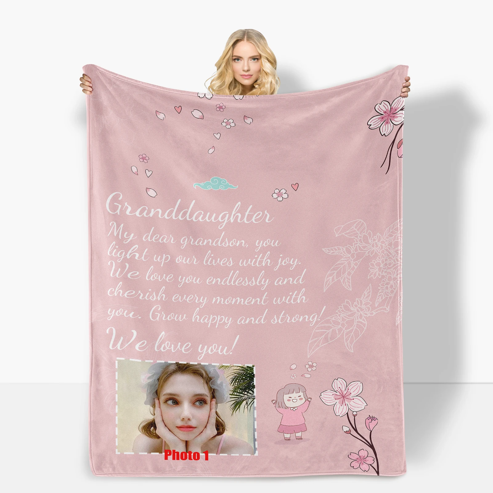 

Custom Petal And Cloud Photo Blanket Unique Design Thoughtful Gift For Granddaughter Personalized Throw Special Keepsake For Her