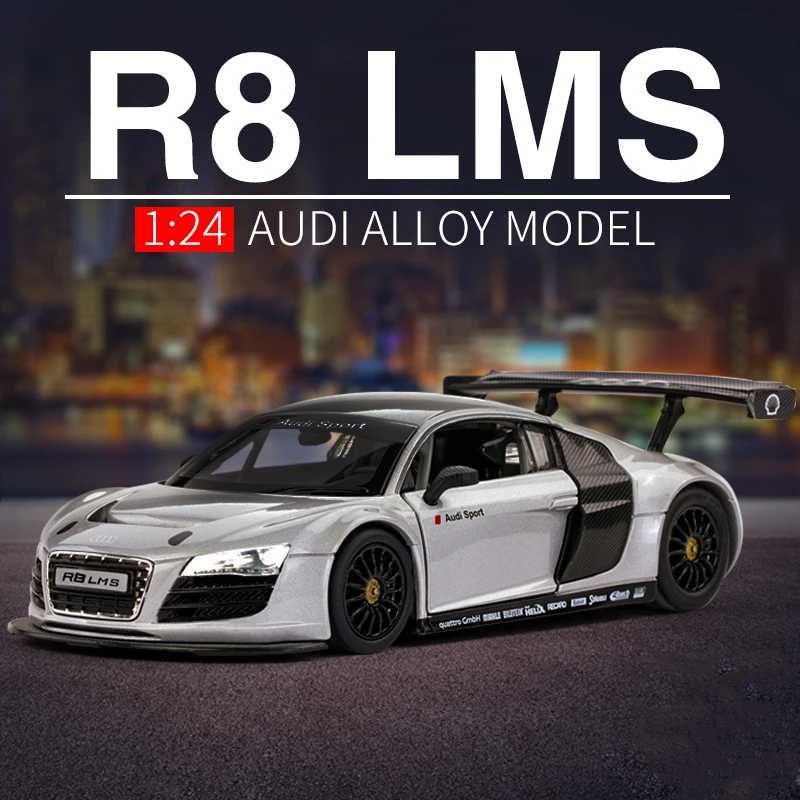 

1/24 AUDI R8 LMS Модель гоночного автомобиля из сплава, литые металлические игрушки, модель спортивного автомобиля, имитация звука и искусственных элементов, коллекционный подарок