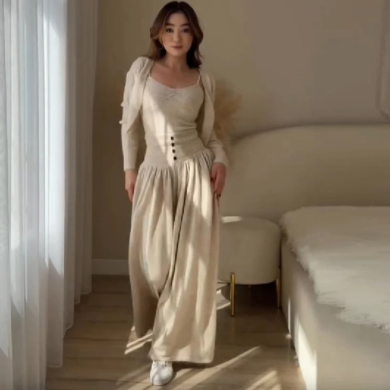 Women 3 Piece Knit Set Ribbed Cami Top Cropped Cardigan High Waist Wide Leg Skirt Pants Suit 2026 Vintage Casual Commute Outfit