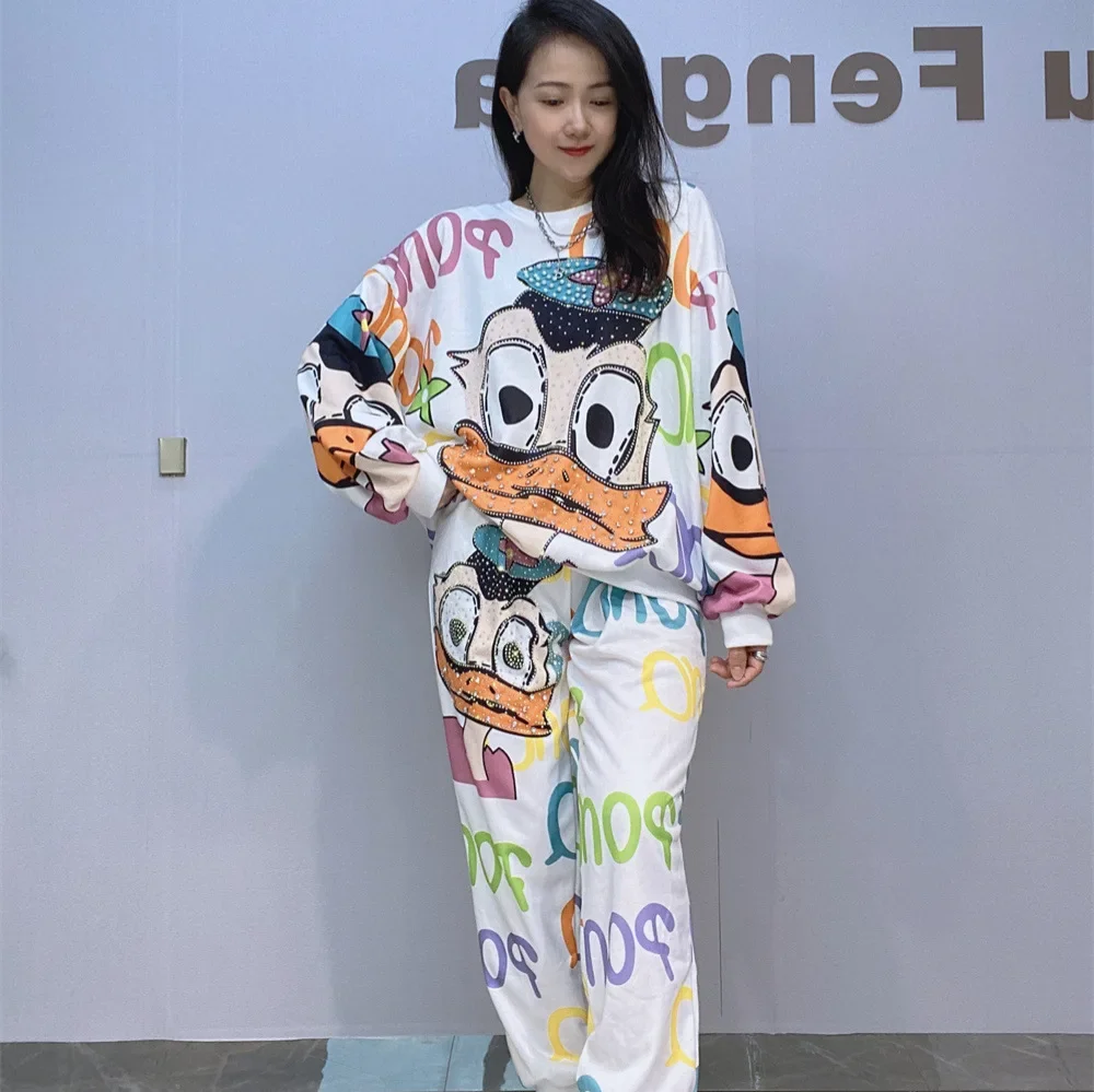 Colorful Diamonds Cartoon Two Piece Sets Womens Outifits Loose Autumn Clothes Casual Tracksuit Tops and Pants Ensemble Femme