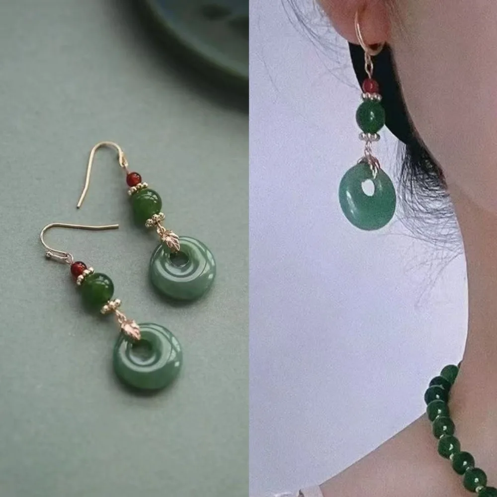 Vintage Colorful Natural Jade Pendant Earrings for Women Ancient Chinese Court Style Handmade Luxury Jewelry Elegant Ear Clips