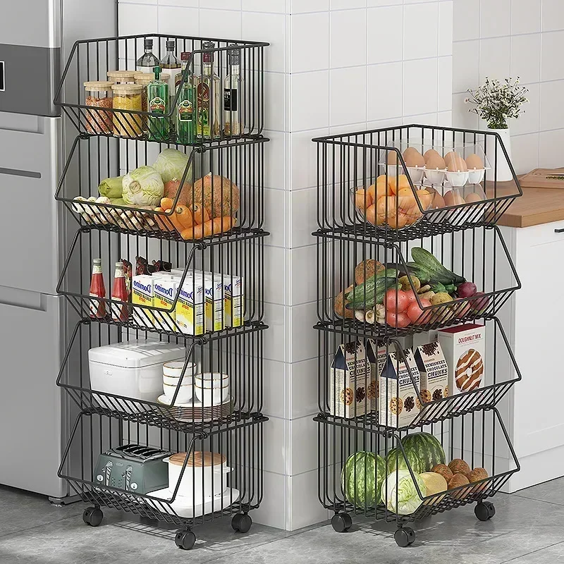 

Multi-Layer Stackable Storage Basket Rack with Wheels Easy to Install Fruit Vegetable Dog Toy Kitchen Bedroom Organizer Cart