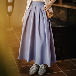 Maden Women’s Cotton Midi A Line Pleated Skirt Zip-Up Solid Color Casual Korean Outfit Skirt Spring Summer Daily Wear