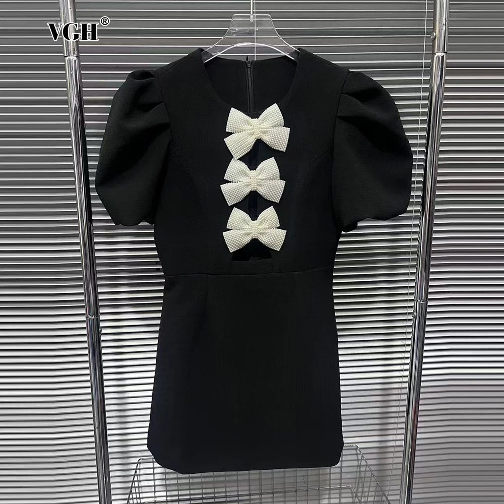 VGH Sweet Spliced Bowknots Short Dress with Peals for Women O Neck Short Sleeve High Waist Patchwork Zipper Chic Dresses Female