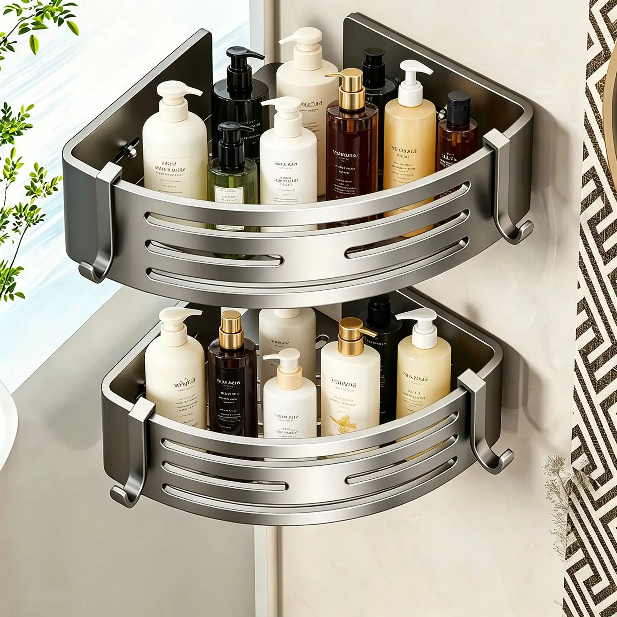 Suction Cup No‑Drill Stick‑on Bathroom Corner Wall Mount Storage Shelf