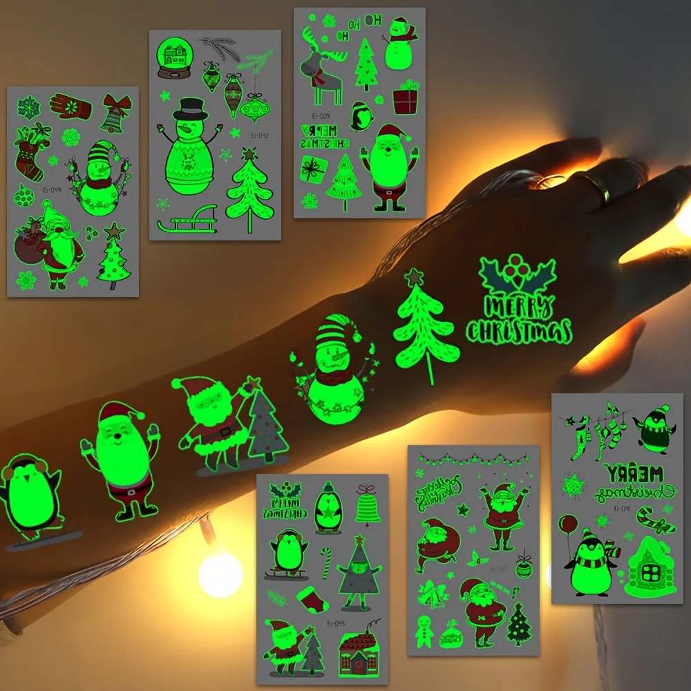 12 Sheets Christmas Luminous Tattoo Stickers Cartoon Snowman Christmas Patterns Glow In The Dark Waterproof Temporary Tattoos