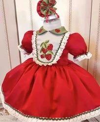 0-12Y Girl Summer Strawberry Embroidery Turkish Vintage Princess Red Dress for Easter Eid Birthday Photography