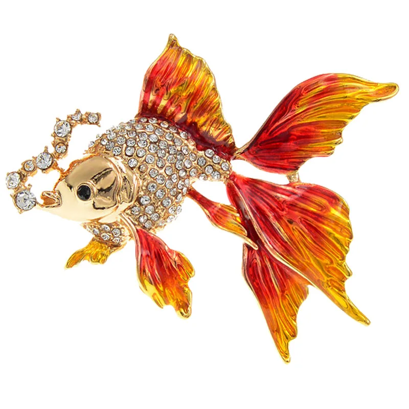 

Cute Rhinestone Spitting Bubbles Goldfish Brooches For Women Unisex Enamel Fish Sea Animal Party Office Brooch Pins Jewelry Gift