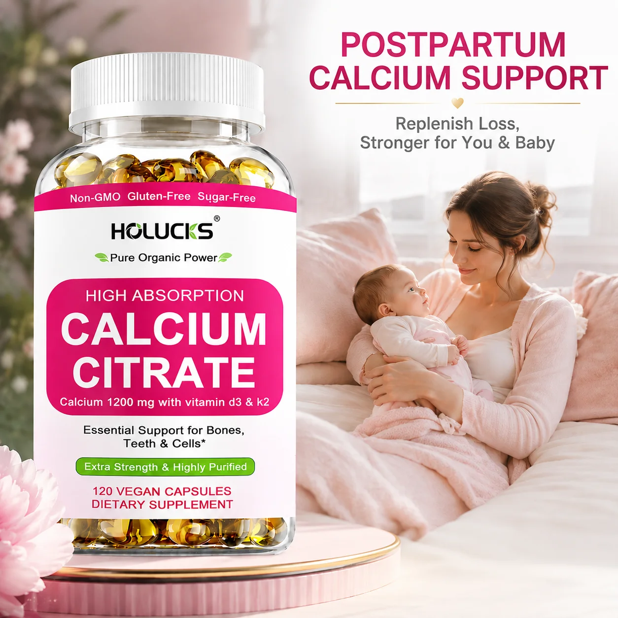 Calcium Citrate 1200mg Vegan Capsules with Vitamin D3 K2, Support Women Bone Teeth Health Soothe Night Leg Cramps Muscle Tension
