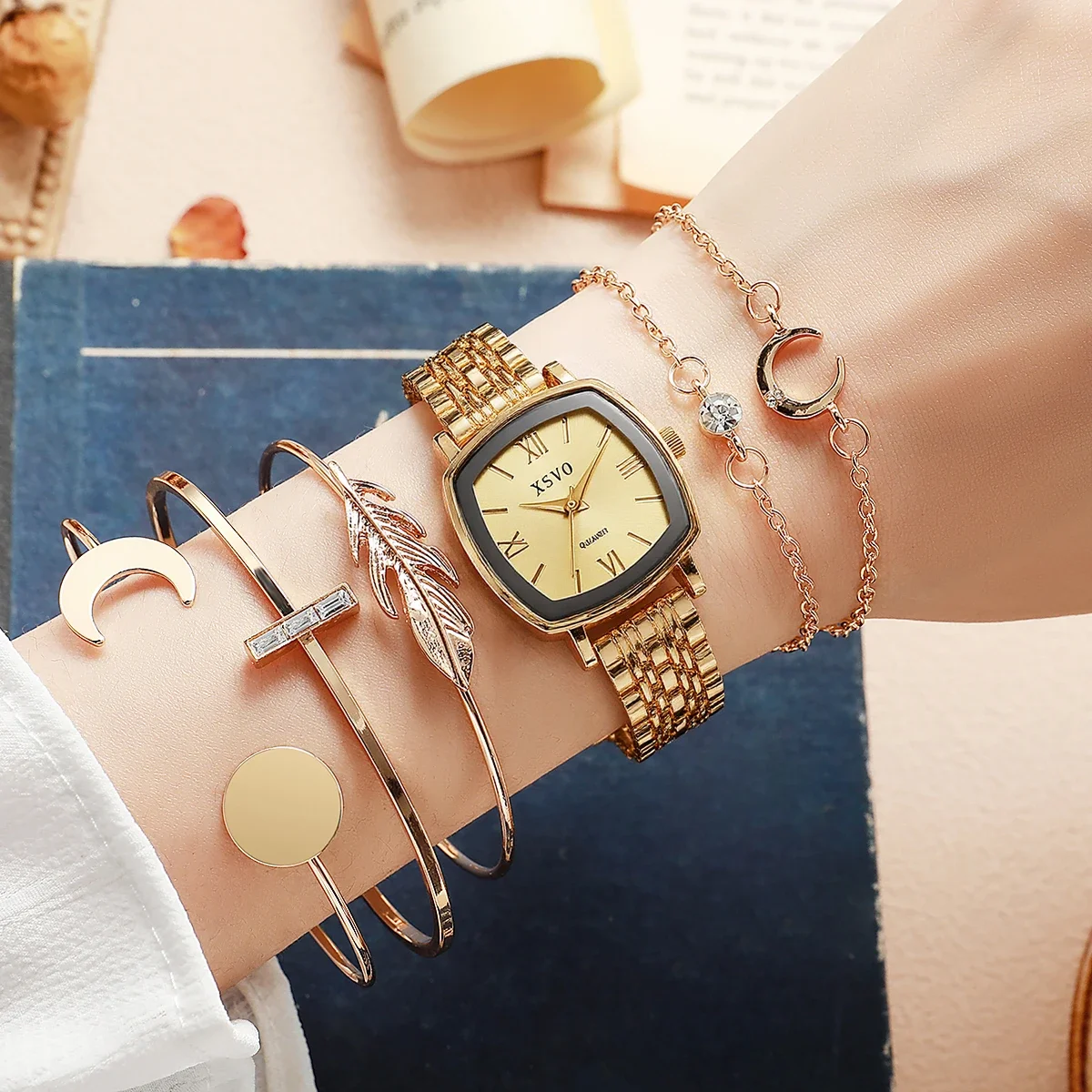 Juego de 6 pulseras de reloj de cuarzo para mujer, material de aleación con esfera cuadrada, moderno y elegante, adecuado para Acción de Gracias