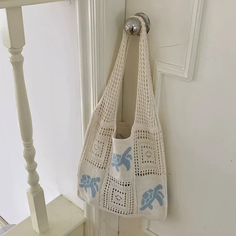Designer-Stricktaschen mit großem Fassungsvermögen, Damen-Sommer-Strandtasche, lässige, hohl gewebte Unterarm-Umhängetasche – Detail 15