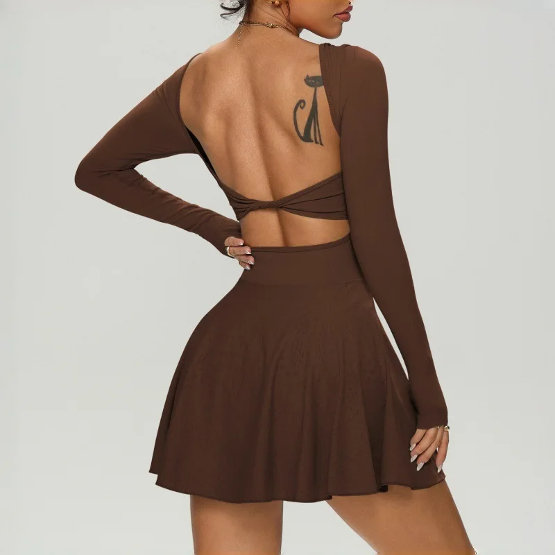 Women Long Sleeve Tennis Suit Fake Two Piece Long Skort Badminton Sports Outfit Fitness Outdoor Daily Casual Athletic Wear