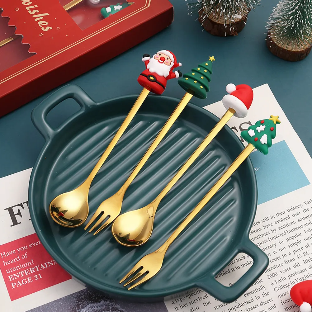1Set Stainless Steel Christmas Cutlery Set Santa Handle Spoons Forks Dessert Coffee Teaspoons Jam Sugar Serving Utensils