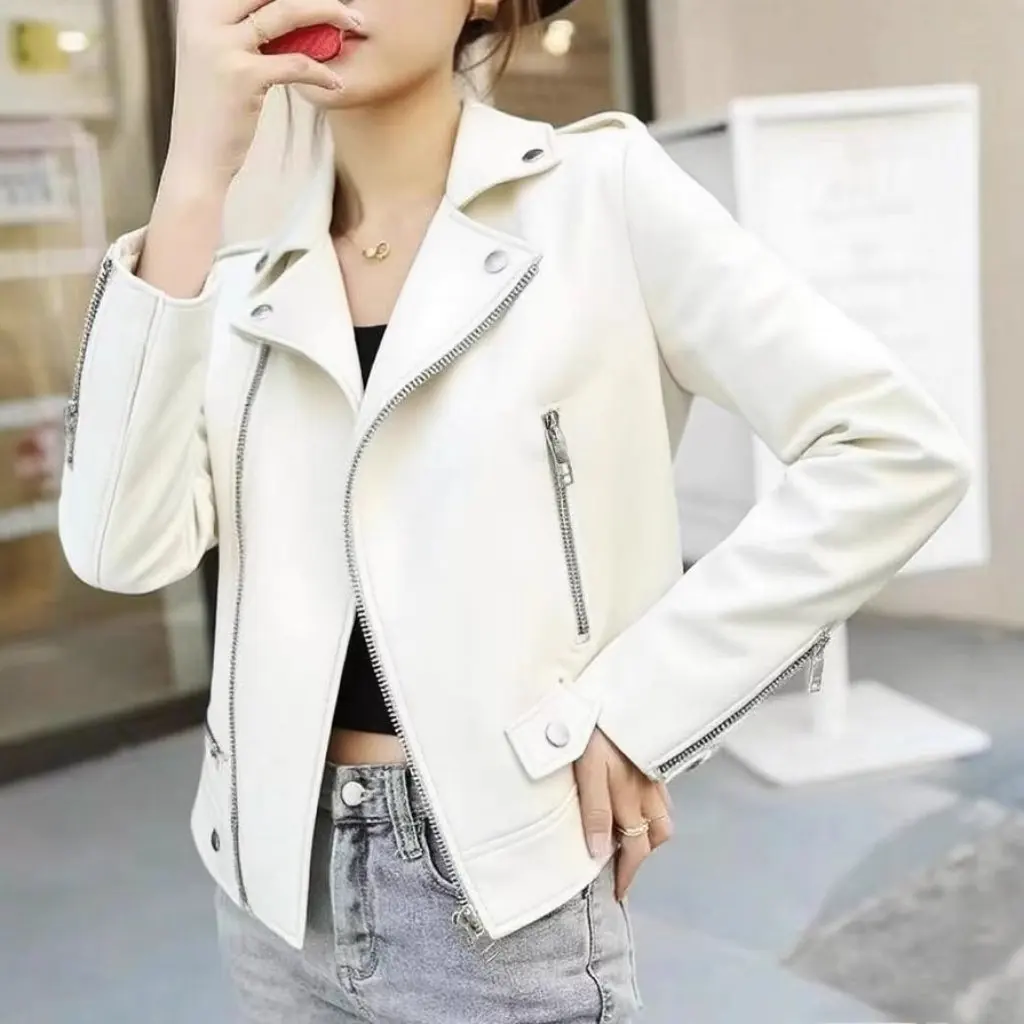 Primavera outono novo estilo feminino fino ajuste jaqueta de couro do plutônio curto casaco motociclista tamanho grande versão coreana moda outerwear