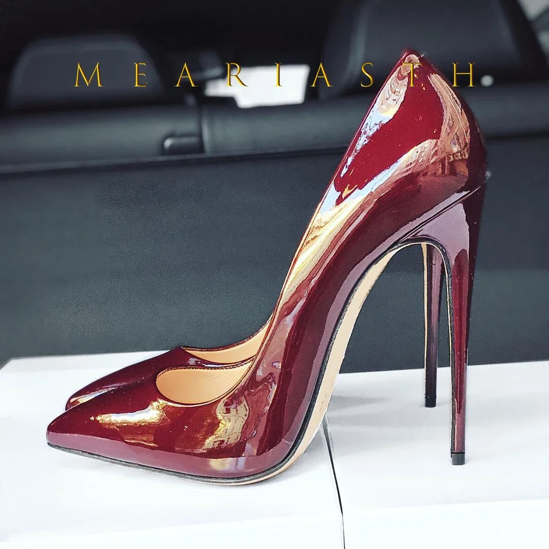 2025 موضة جديدة أشار تو حذاء كعب عالي مثير رقيقة الكعوب امرأة فستان حذاء النبيذ الأحمر براءات الاختراع والجلود خنجر الكعوب 12/10/8 سنتيمتر #3