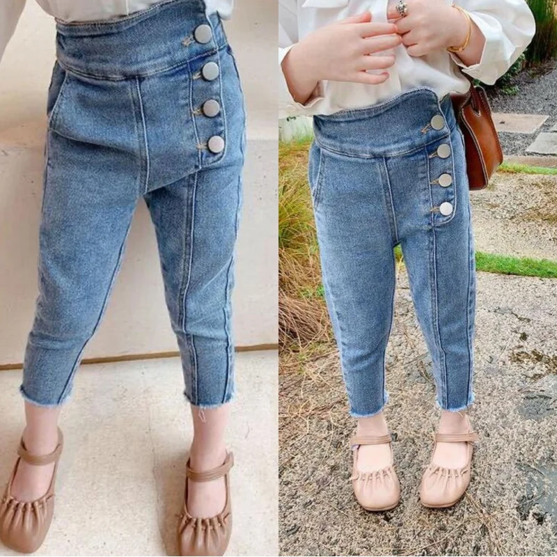 

Hnq-Children's High Waist Jeans Autumn Girls Fashion Clinch Pants Crawler3-8Children's Clothing One Piece Dropshipping