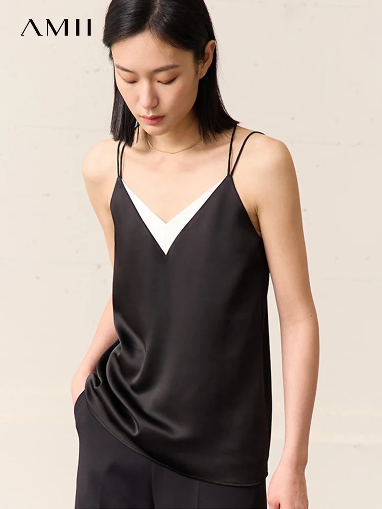 

AMII Minimalism Contrasting Colors Top Women 2023 Summer Chiffon Black Tanks & Camisole Strappy Shirts Sexy Women Vest 12342233