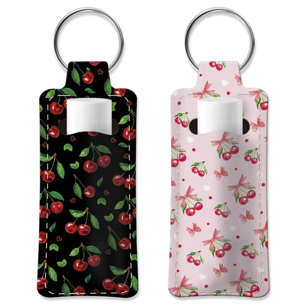 2pcs Lipstick Holder Keychain Cherry Pattern Lip Balm Holders Elastic Diving Fabric Lipstick Keychains Portable Lipstick Holder
