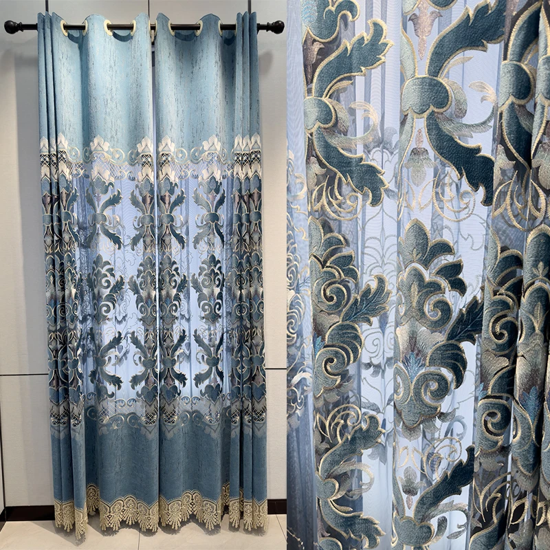 

High-end Gray Chenille Fabric Atmosphere Blackout Curtains Simple European Living Room Hollow Embroidered Curtain Decor