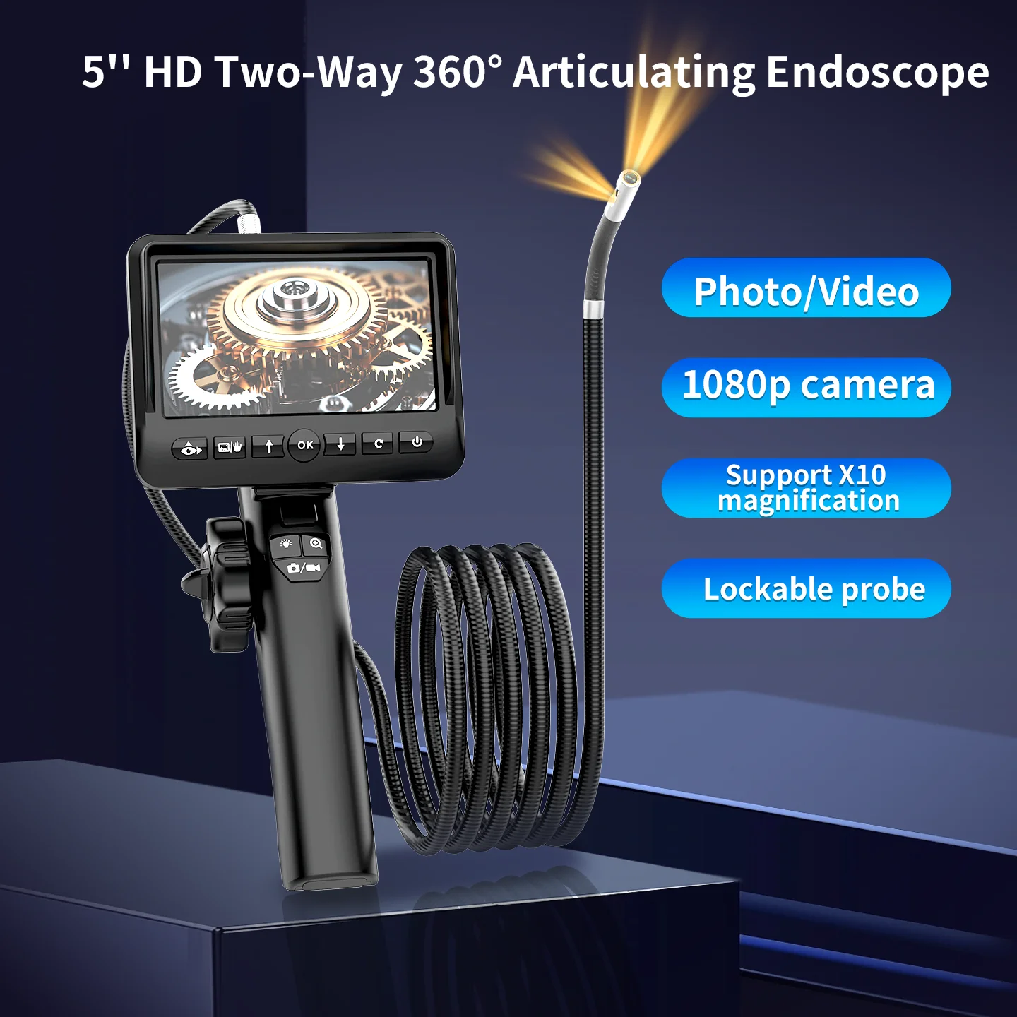 Sewer Pipes Endoscope Analog Camera 360° 1080P Handheld Industrial Borescope 2-way Inspection Camera with 5 Inches Color Monitor