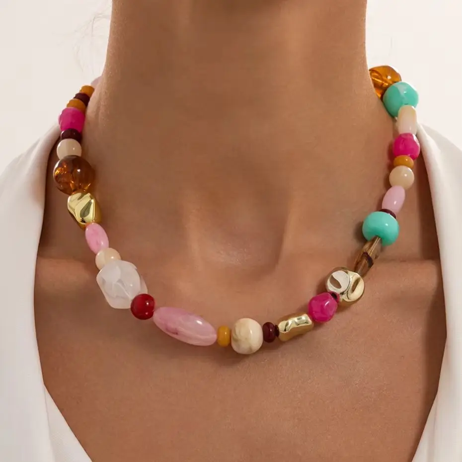 KunJoe Bohemian Colorful CCB Resin Beaded Choker Necklace Women Fashion Irregular Adjustable Clavicle Chain Y2K Jewelry Accessor