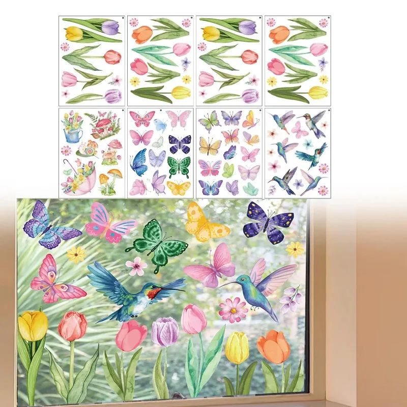 83pcs Window Clings Large Watercolor Tulip Floral Double-Sided Window Stickers Reusable Colorful Flower Butterfly Windows Decals