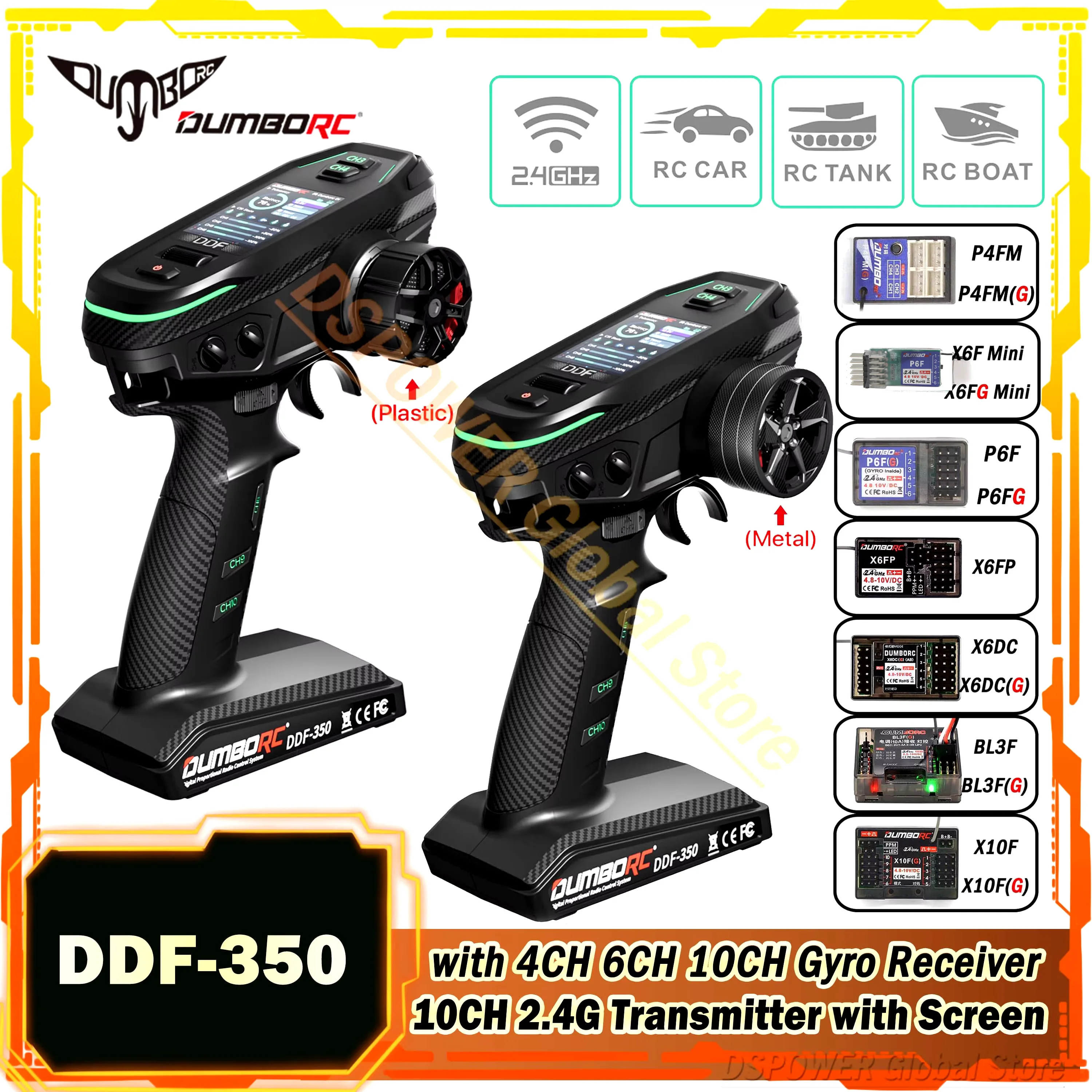 DUMBORC-Transmissor Digital com Tela HD, Receptor Giroscópio para Carro RC, Tanque, Barco, Robô Brinquedos, DDF-350, Controle Remoto, 4, 6, 10CH,