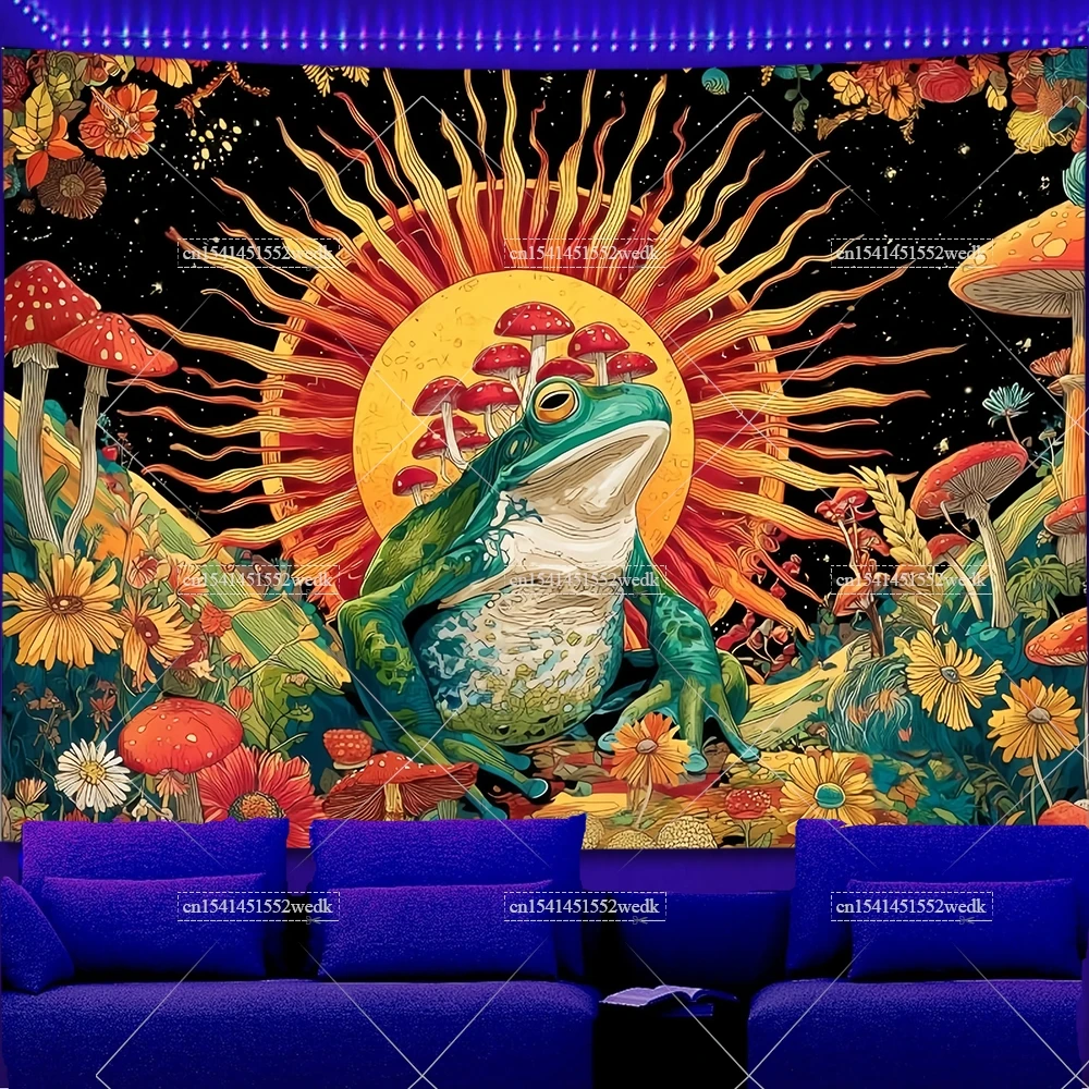 Blacklight Tapestry Meditating Frog Glow In The Dark UV Reactive Mushroom Neon Tapestrys Aesthetic Fluorescent Tapestries
