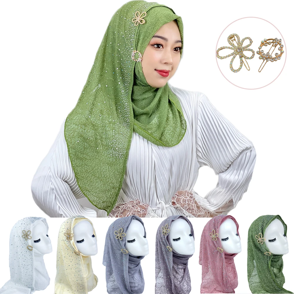 

Muslim Hijab Mesh Textured Turban Hot Diamonds Elegant Muslim Women HIjabs Send Hair Accessories Hijab Islam Muslim Scarf