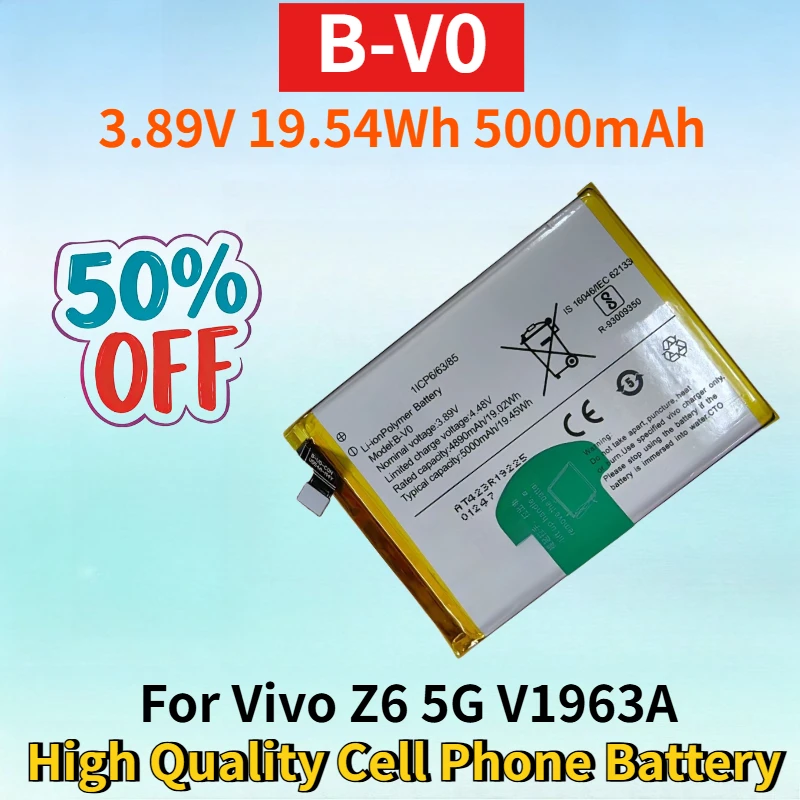 

Newest B-V0 3.89V 19.54Wh 5000mAh Li-ion Rechargeable Battery for Vivo Z6 5G V1963A High Quality Cell Phone Replacement Battery