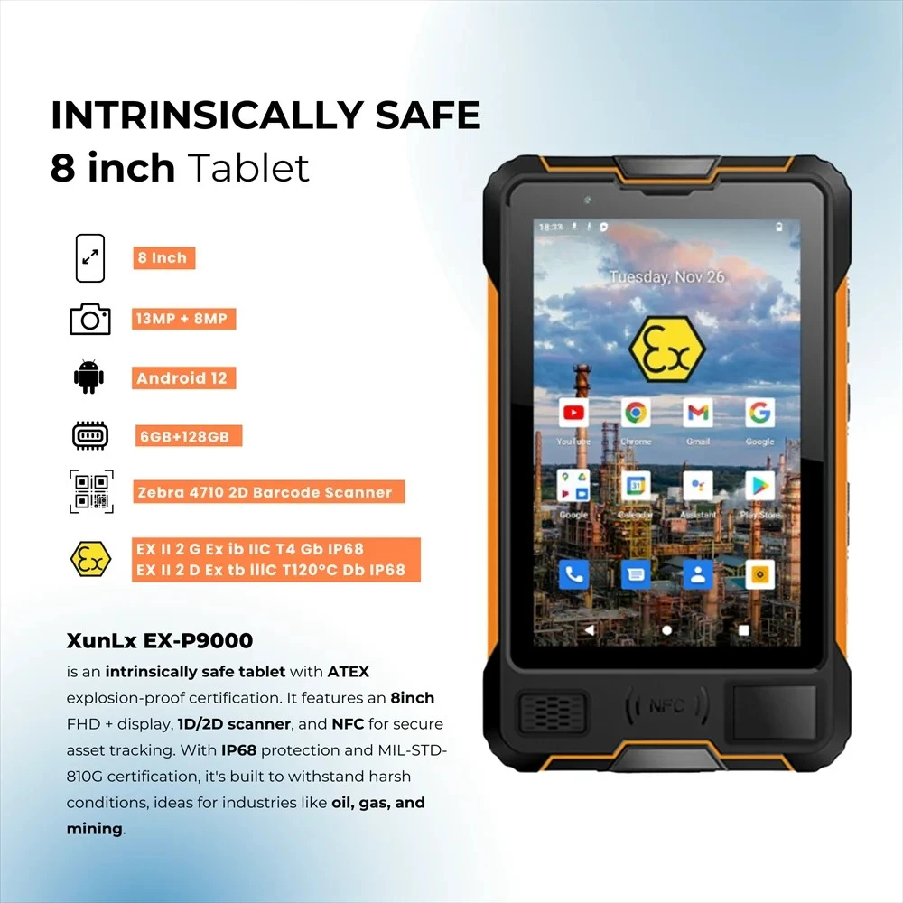 8inch ATEX Tablet 13mp + 8mp Camera 6300mah Tab Inventory Management Ip68 Rated Ex P9000 Tableta For Zone 1/21