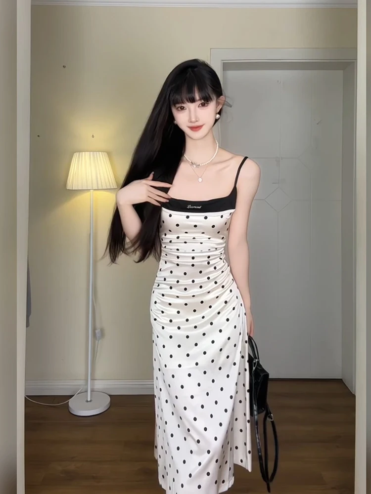 

XZY Pure Desire Polka Dot Color Block Summer Dress Women's Slim Fit Bodycon Skirt Casual Korean Style Long Sleeveless Dress
