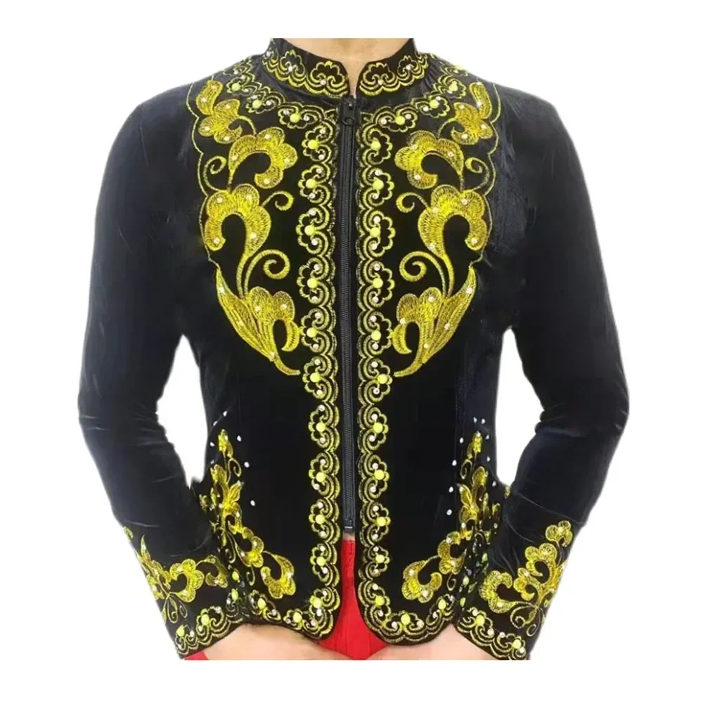 

Fashionable Slim Fitting Elastic Ethnic Minority Dance Clothing, Men Golden Velvet Embroidered Diamond Top Long Sleeved Vest