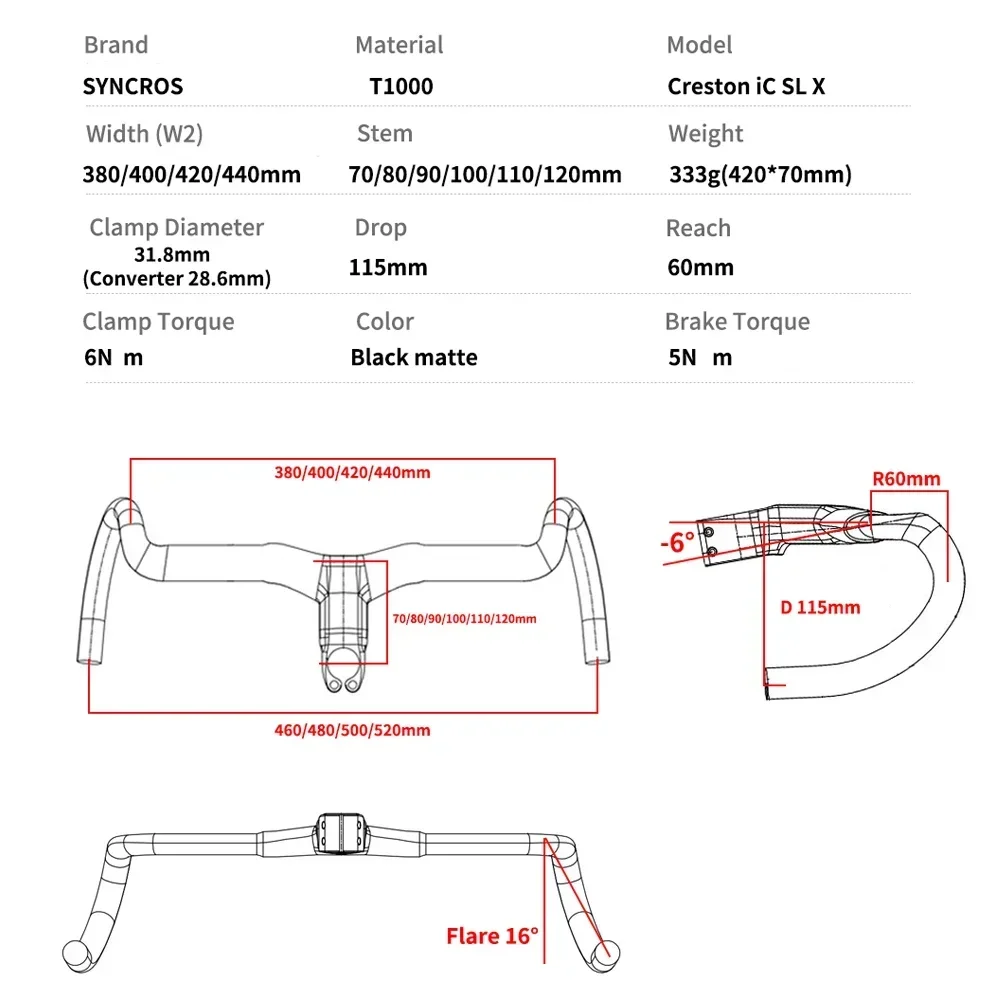 Syncros Creston IC Sl X T1000 Carbon Integrated Full Internal Cable Routing Road Bicycle Handlebar Gravel Cockpit Di2