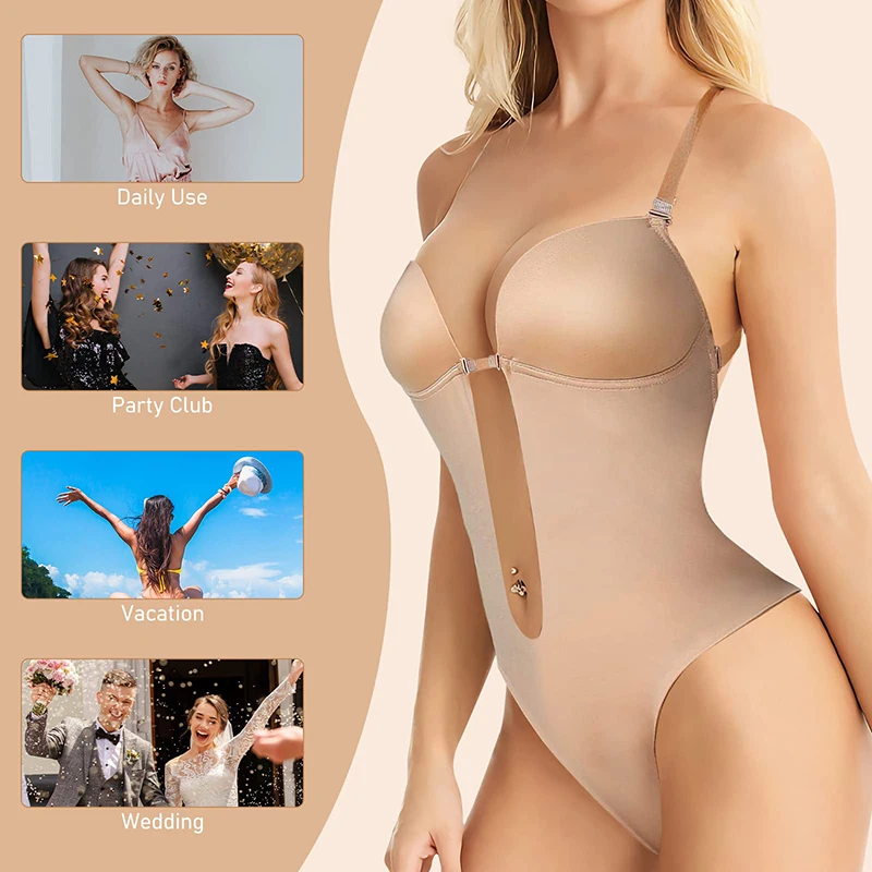 Full Body Shapewear Deep V-Neck Body Shaper Backless U Plunge Thong Underwear Women Clear Strap Padded Push Up Corset Invisible