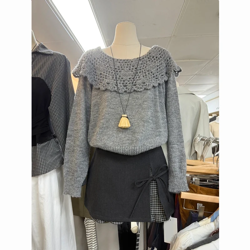 

Корейский вязаный свитер на раннюю осень 2025 года, новый, однотонный, в стиле ретро, с ажурным воротником, повседневный, с длинными рукавами, женский