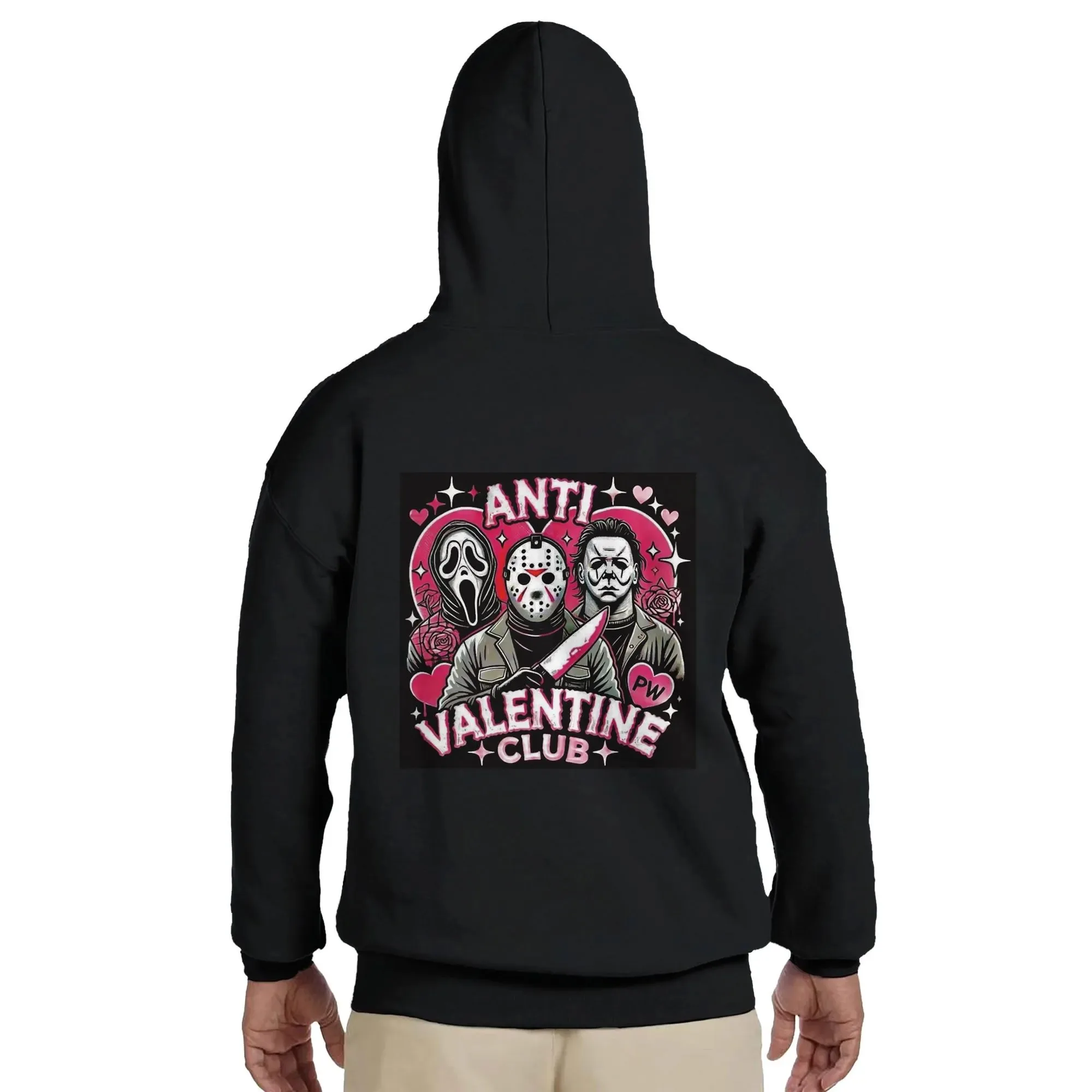 

Cotton Hoodie with Anti Valentine Club Horror Characters Print Perfect for Horror Movie Fans Ideal for Edgy Fashion Lovers