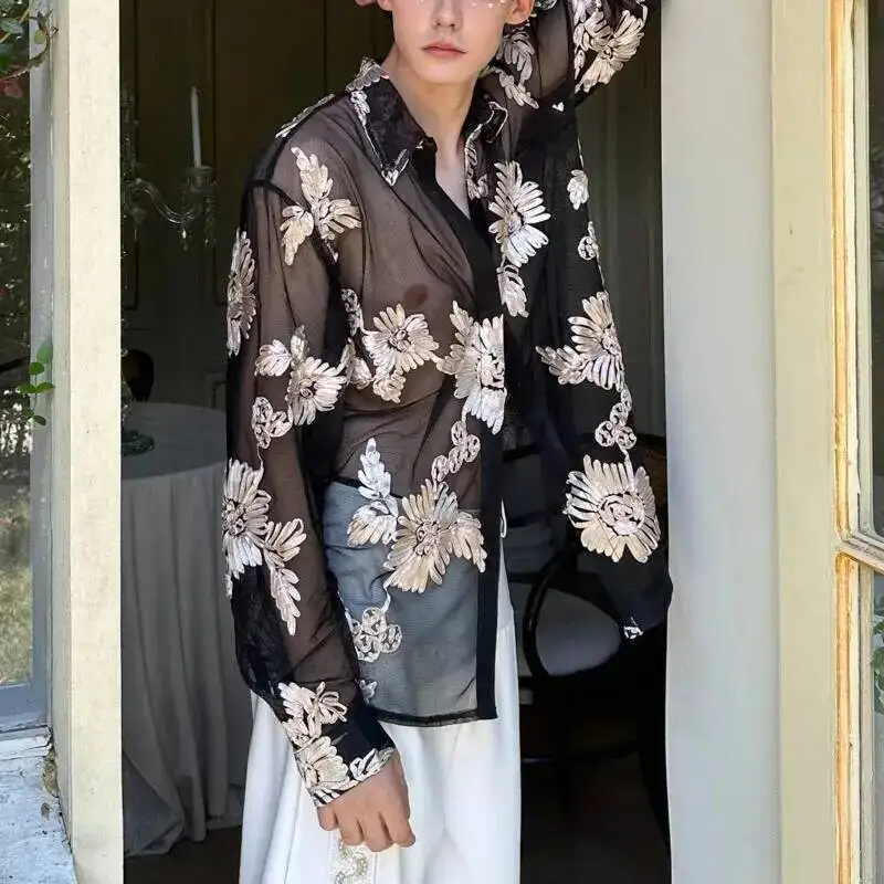 WVGA Spring Summer New Men Tide Heavy Three-Dimensional Embroidered Mesh Trendy Long Sleeve Shirts Niche Chic Casual Tops W17974