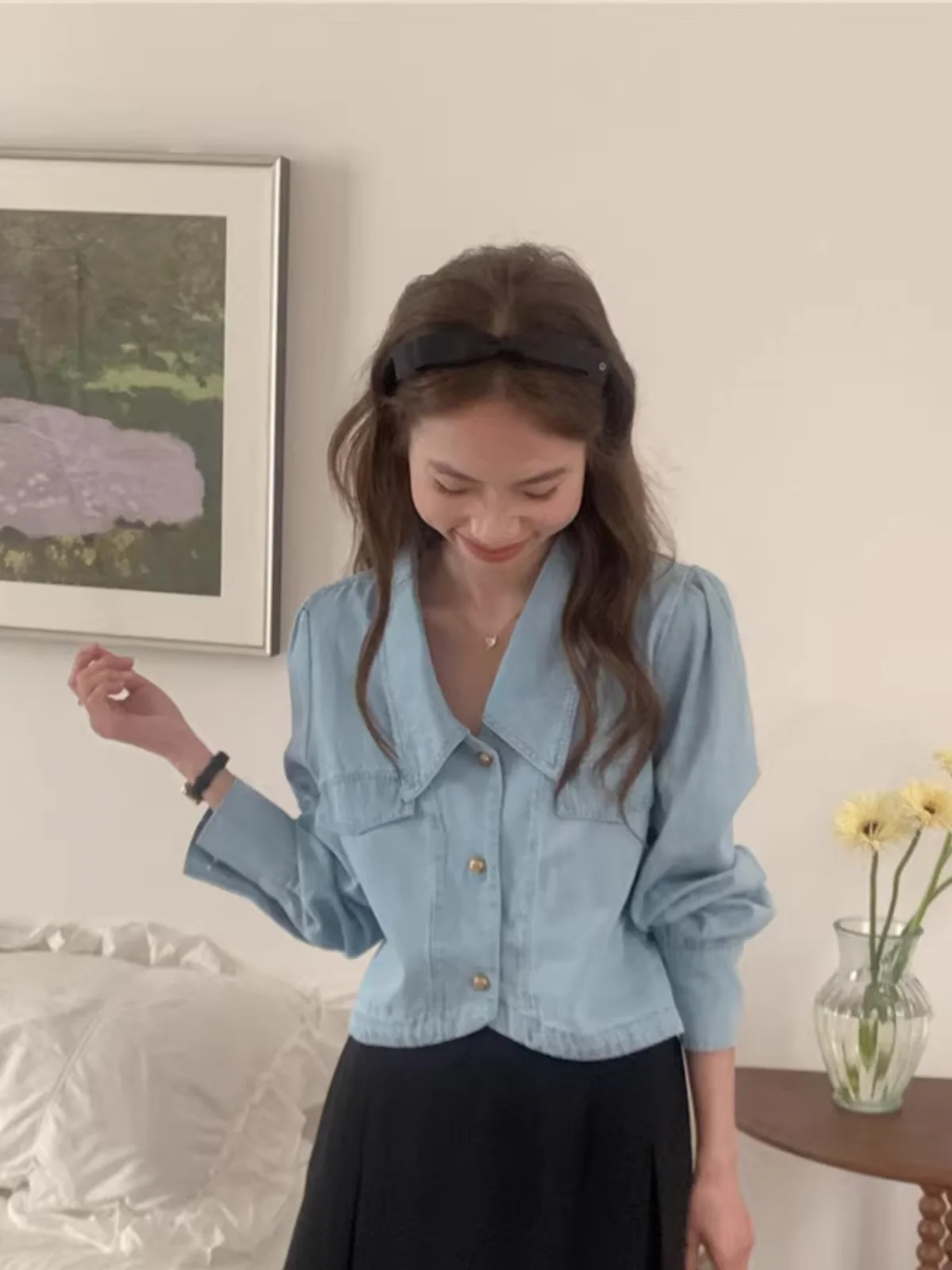 Retro Długi Sweter Jeansowy Damski Sensacja Stylu Elegancki Kołnierzyk Lalki Bufiaste Rękawy Sweter Top Koreański Luźny Krój