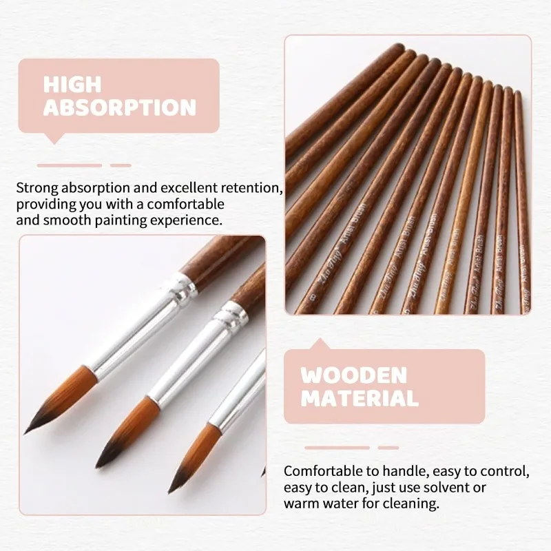 12Pcs Artist Paint Brush Set - Versatile Pointed & Round Tips for Watercolor, Acrylics, Ink, Gouache, Oil, Tempera
