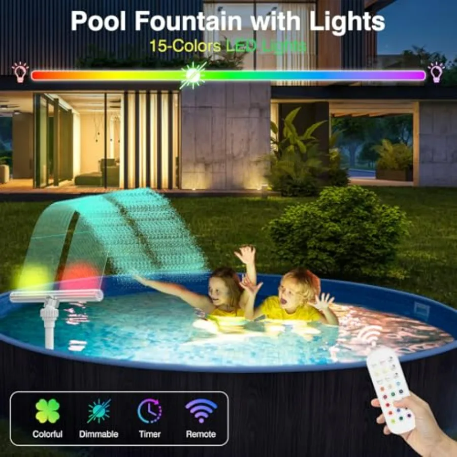 Solar pool fountain with LED lights for above ground and inground pools, ABS plastic, white, 15 colors and 10 modes, adjustable