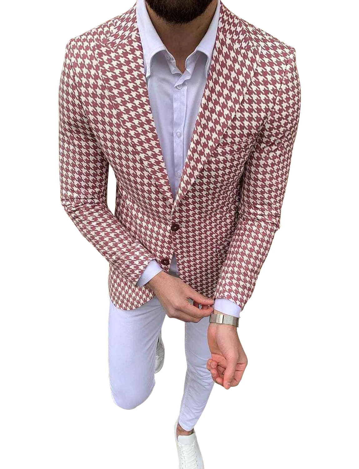 Men\'s Houndstooth Woolen Blazer Jacket Peak Lapel Collar Suit Coat Slim Fit Male Casual Business Men\'s Jacket For Spring Winter