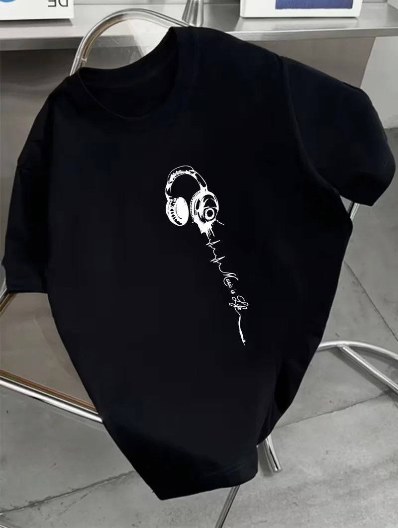Headphone Graphic Tee Short Sleeve Trendy Print Casual Summer Top Lightweight Versatile for Music Lovers Daily Commute