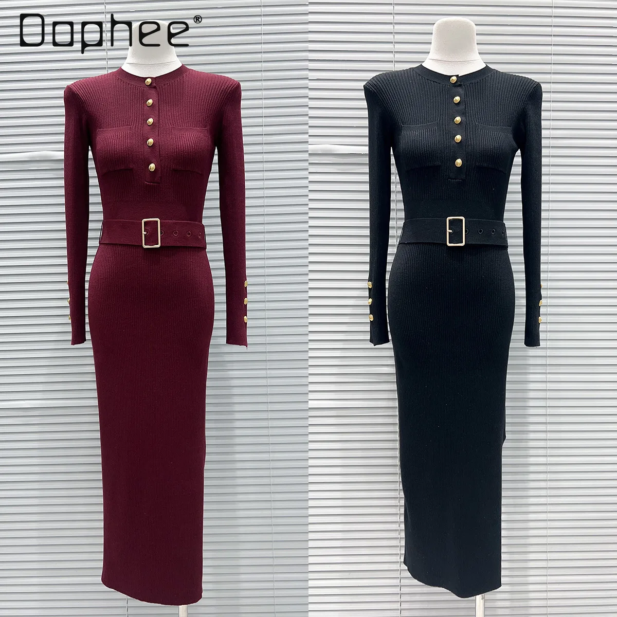 

French Elegant Socialite Dress Round Neck Single-Breasted Long Sleeve Slim Knitted Mid-Length Dress Luxurious Evening Dreses
