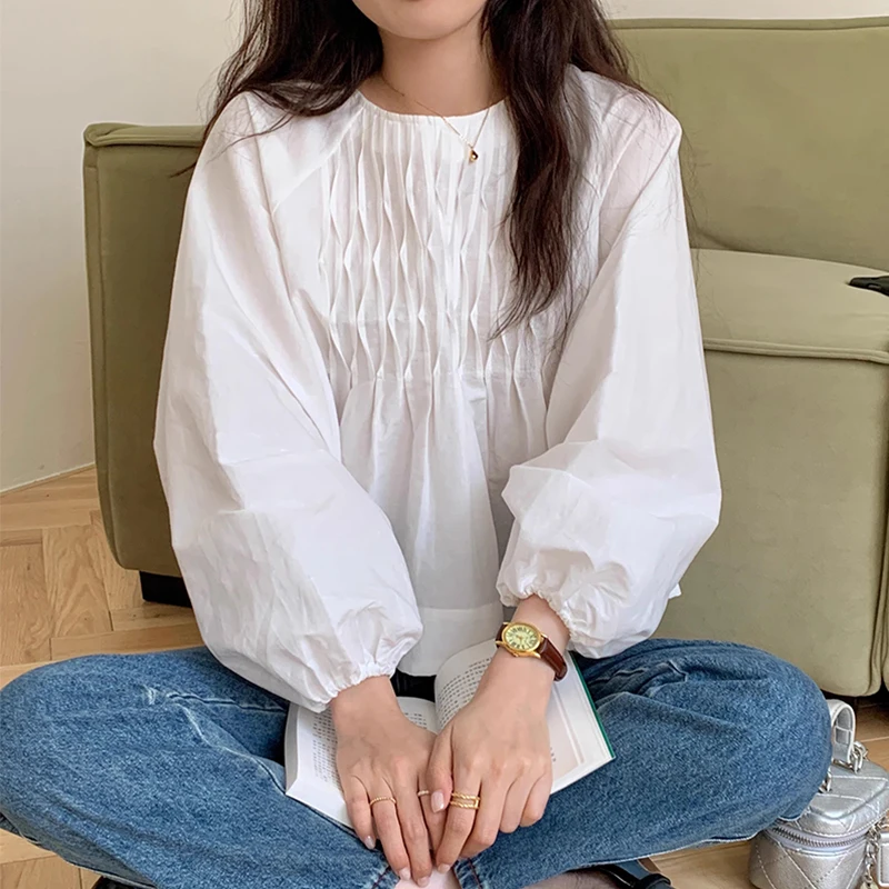 O-neck Folds Long Sleeve Blouse Shirts Women Simple Elegant Solid Loose Casual Top 2024 New Spring Korean All-match Camisas