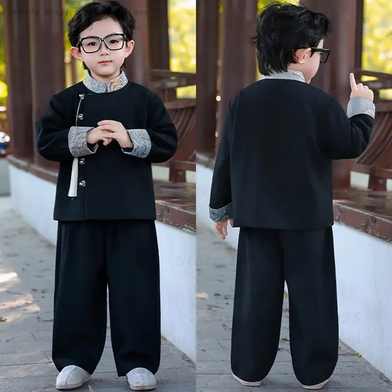 

Детский традиционный китайский комплект для мальчиков, новый китайский стиль, костюм Тан, детская рубашка с длинными рукавами, брюки, наряд на весну-осень, Ханьфу
