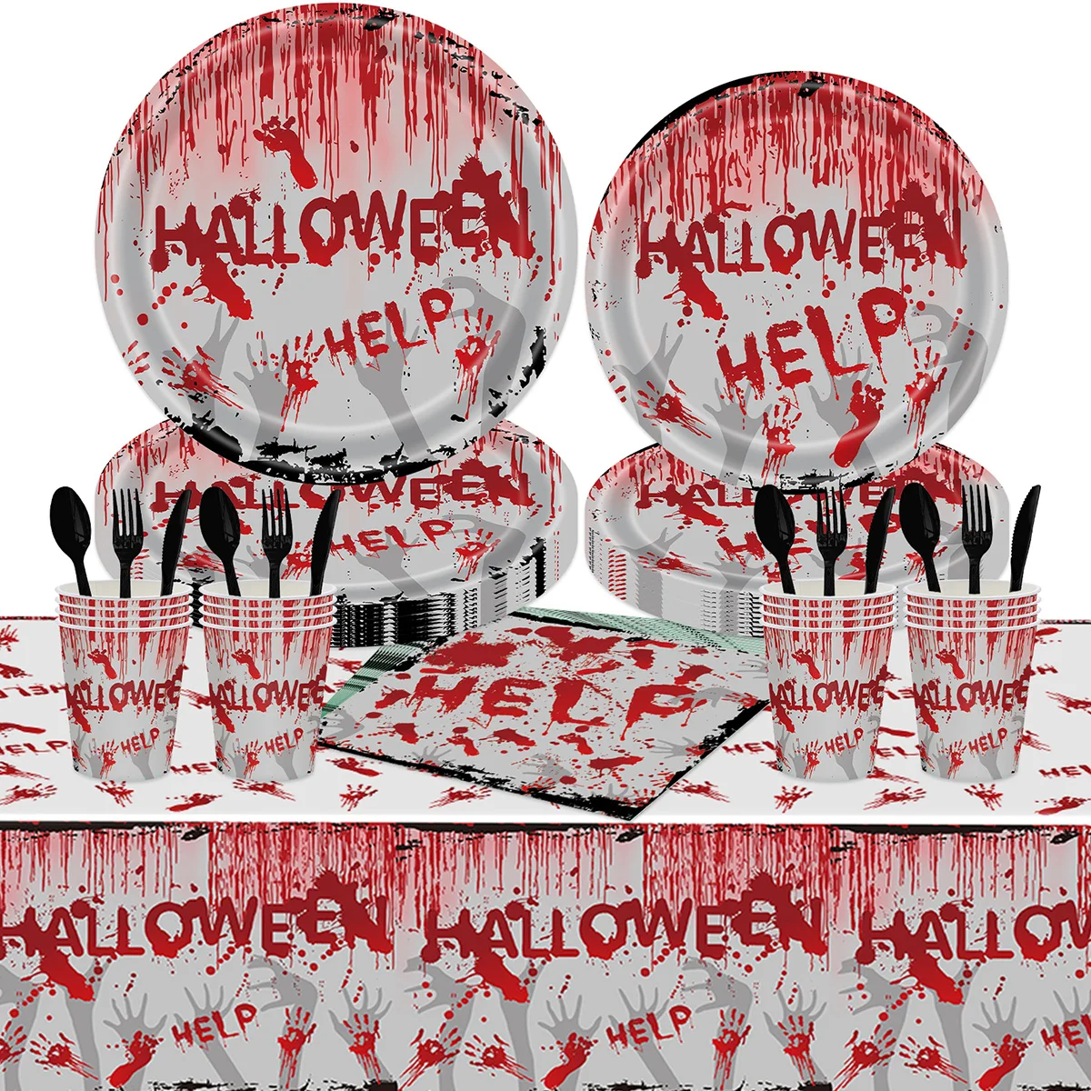 

Halloween Horror Atmosphere Party Tableware Horror Blood Handprint Blood Hand Paper Plate Cup Napkin Tablecloth Party Supplies