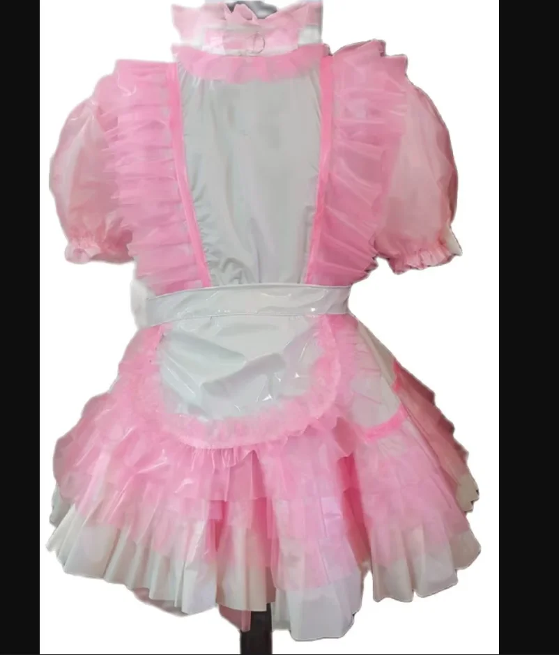 

Hot Selling Lockable Sissy Dress Sexy Maid Pink White PVC Apron Ruffle Tower Role-playing Costume Customization